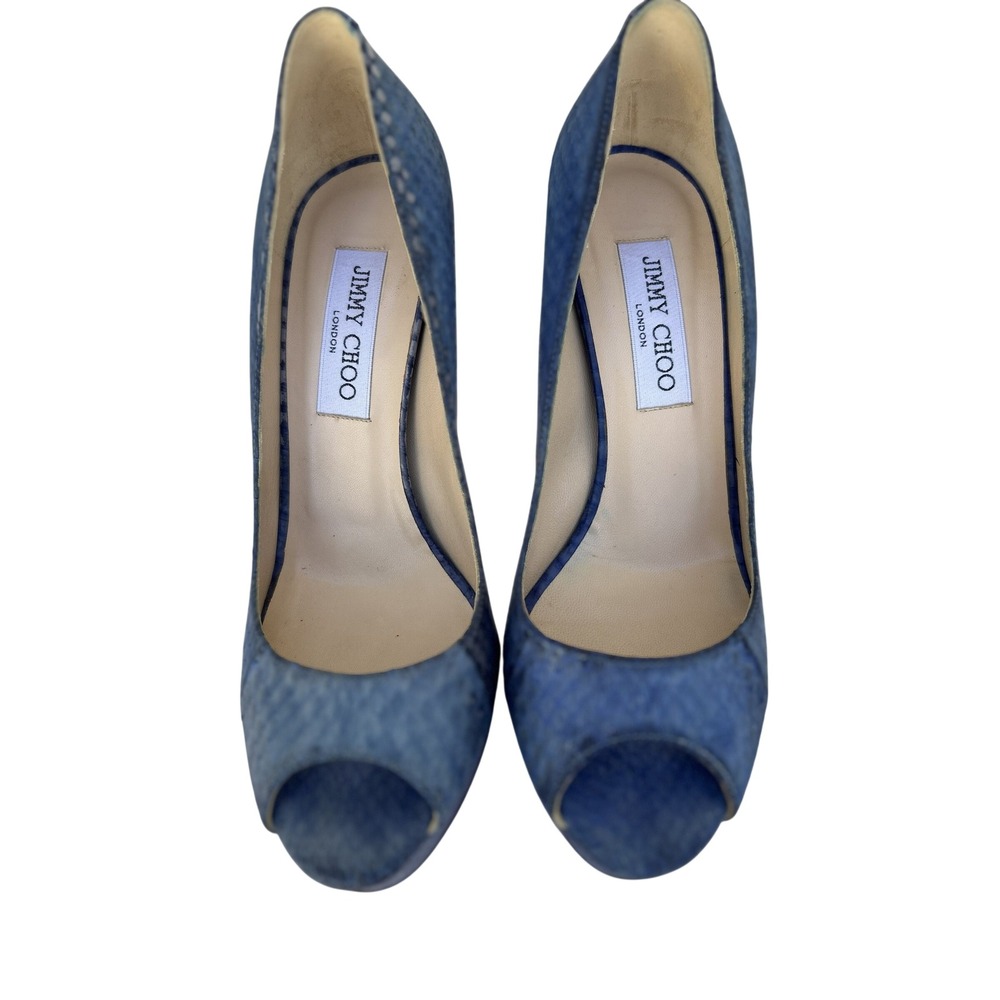 Jimmy Choo Blue Python Embossed Leather Peep Toe Platform Pumps Size 38